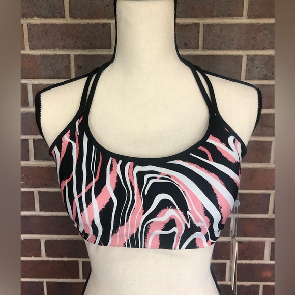 NWT DKNY Women's Printed Dizzy Strappy Sports Bra Size Medium New Pink Black - Picture 2 of 9